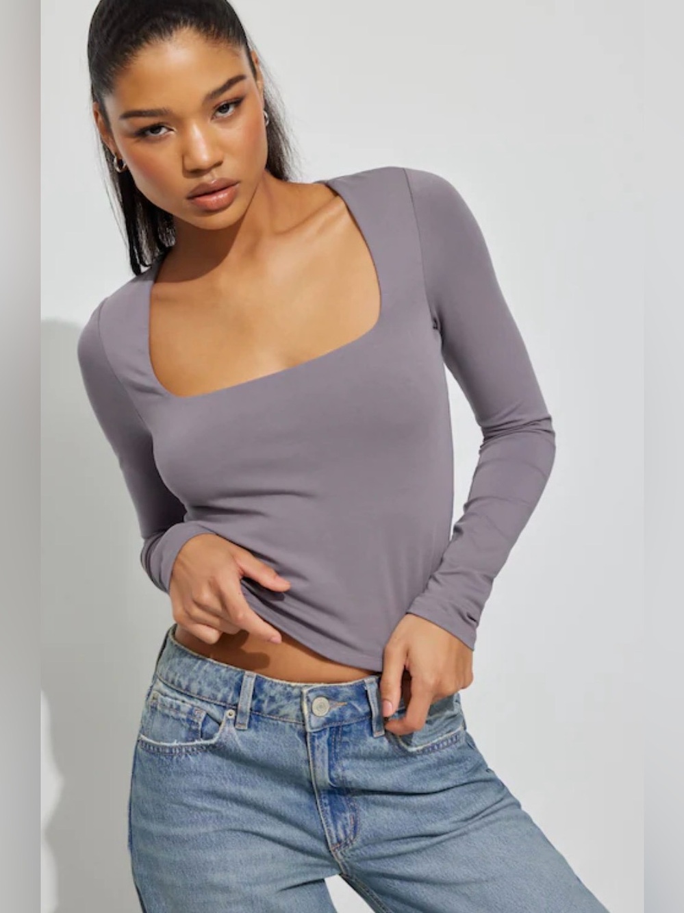 Garage Women’s Long Sleeve Square Neck Top in Gray
